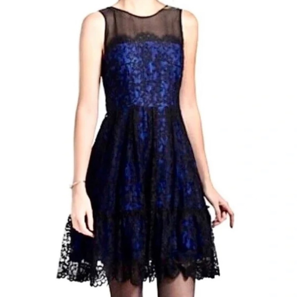 Moulinette Soeurs Blue Black Lace Overlay Dress 1/2 Zip in Back Women’s Dress 4